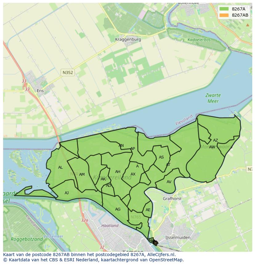 Afbeelding van het postcodegebied 8267 AB op de kaart.