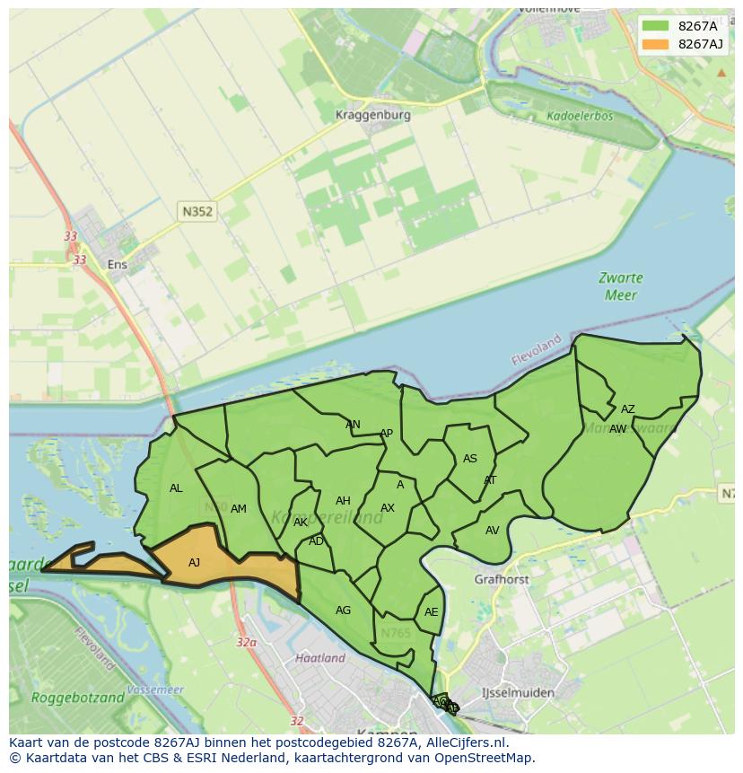 Afbeelding van het postcodegebied 8267 AJ op de kaart.