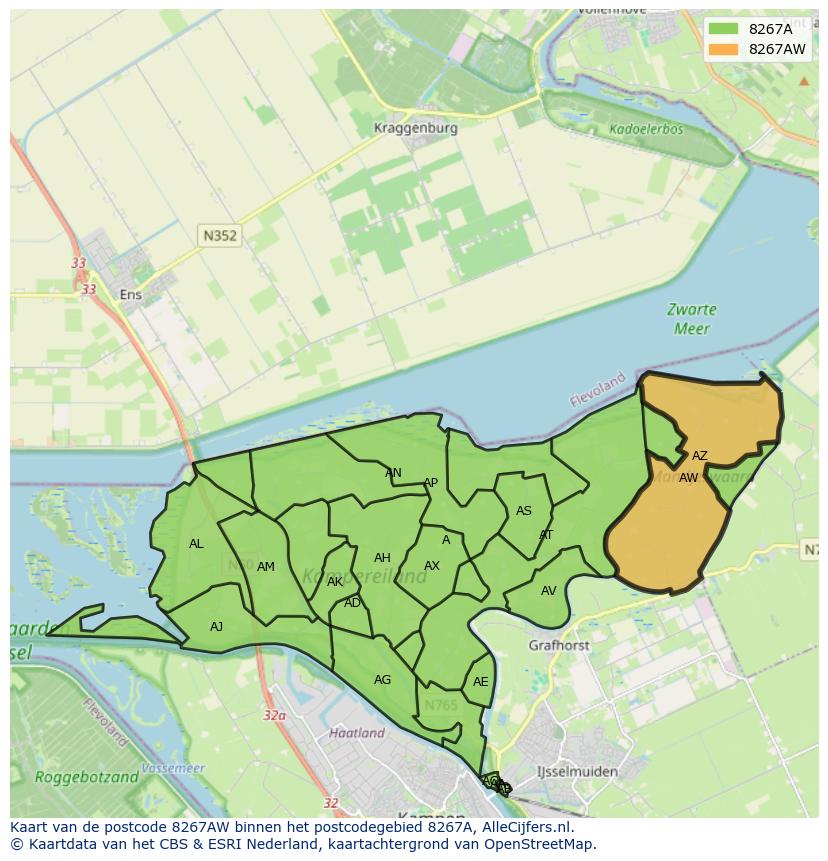Afbeelding van het postcodegebied 8267 AW op de kaart.
