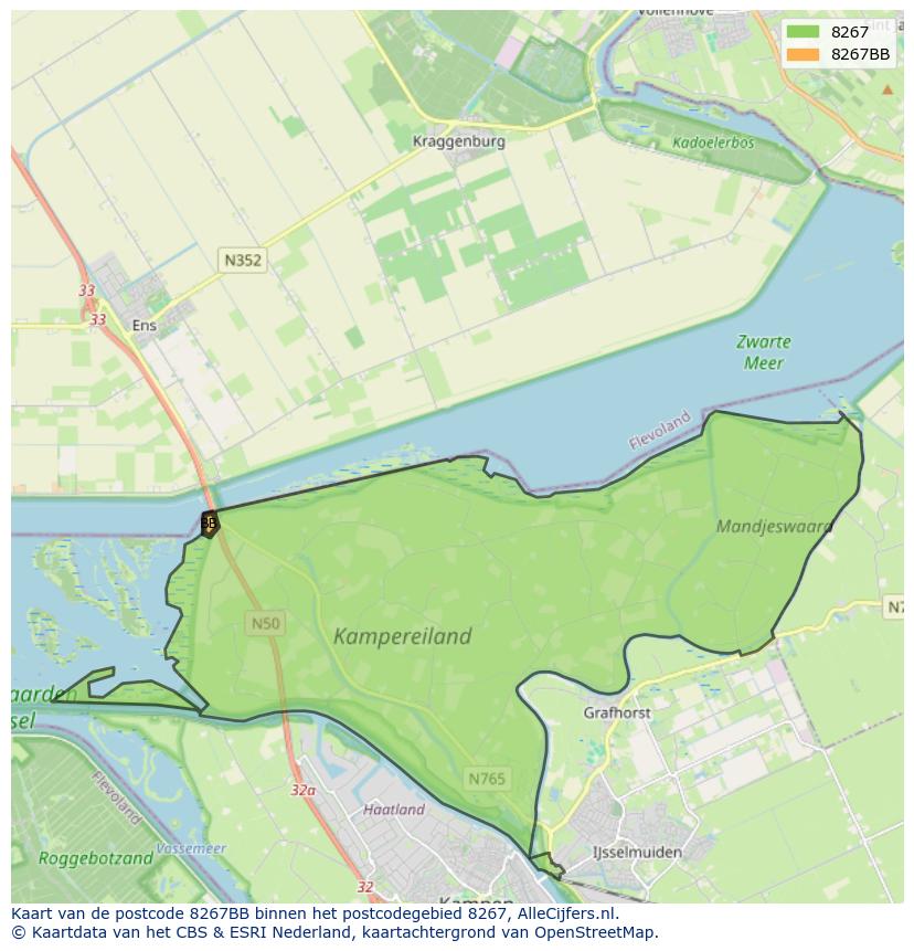 Afbeelding van het postcodegebied 8267 BB op de kaart.