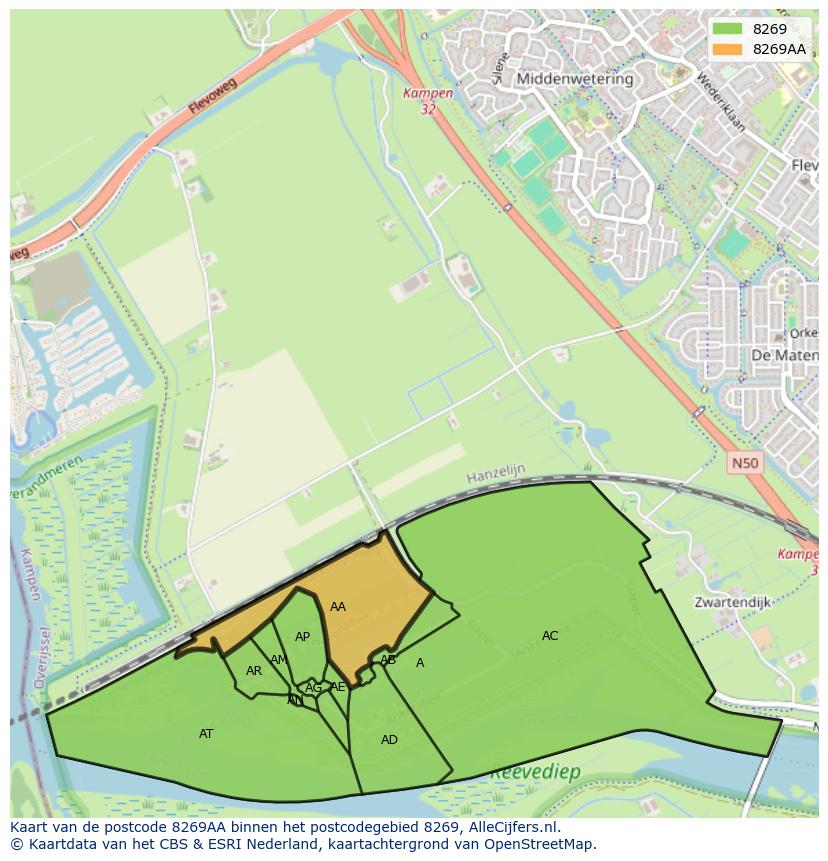 Afbeelding van het postcodegebied 8269 AA op de kaart.