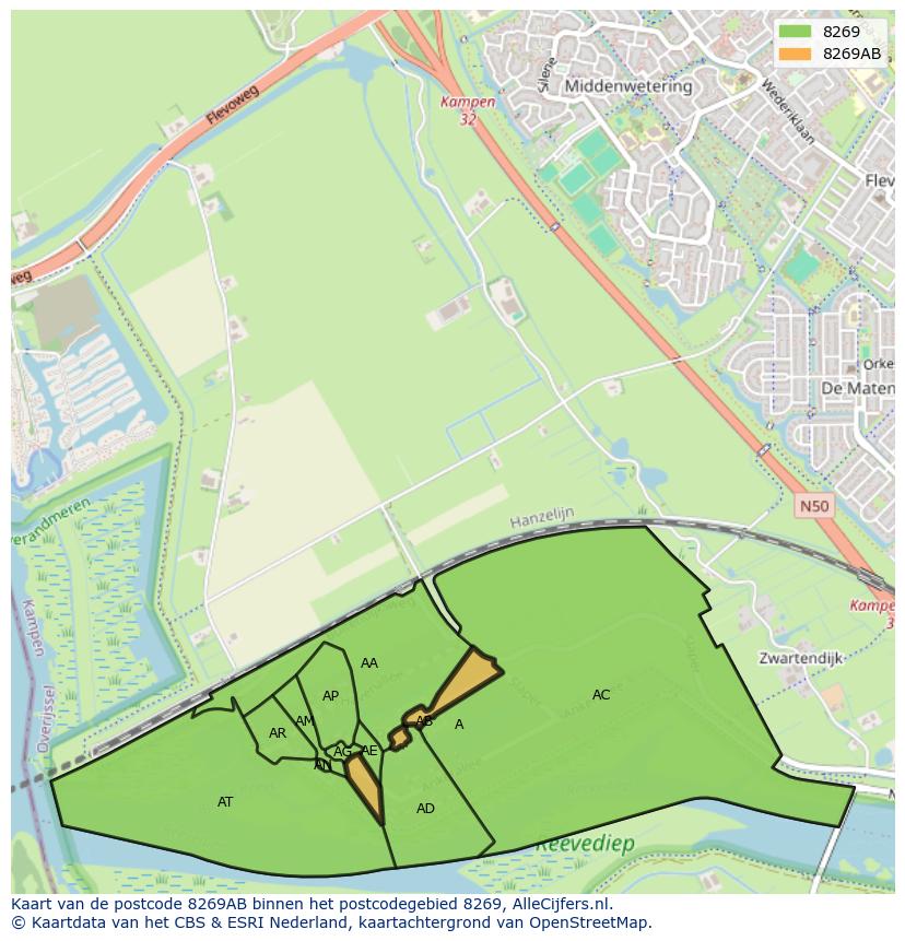 Afbeelding van het postcodegebied 8269 AB op de kaart.