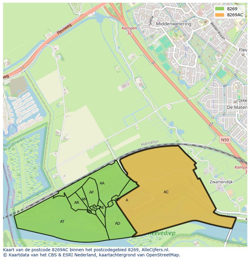 Afbeelding van het postcodegebied 8269 AC op de kaart.