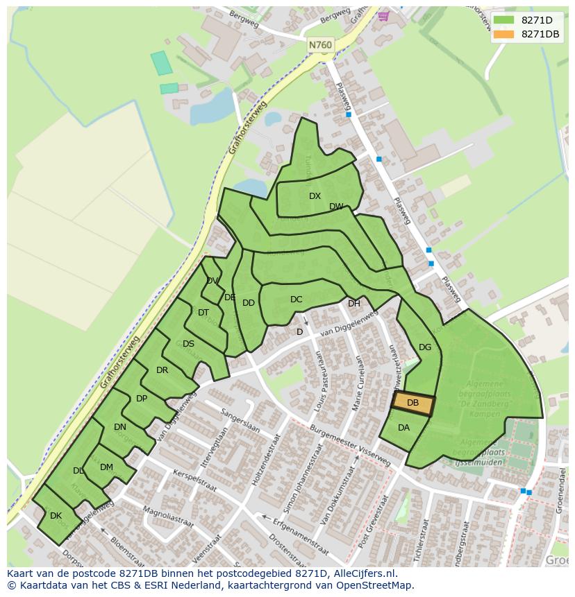 Afbeelding van het postcodegebied 8271 DB op de kaart.