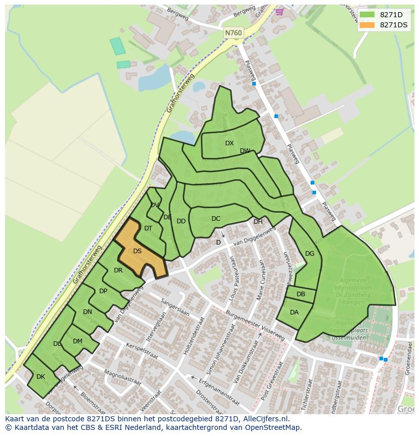 Afbeelding van het postcodegebied 8271 DS op de kaart.