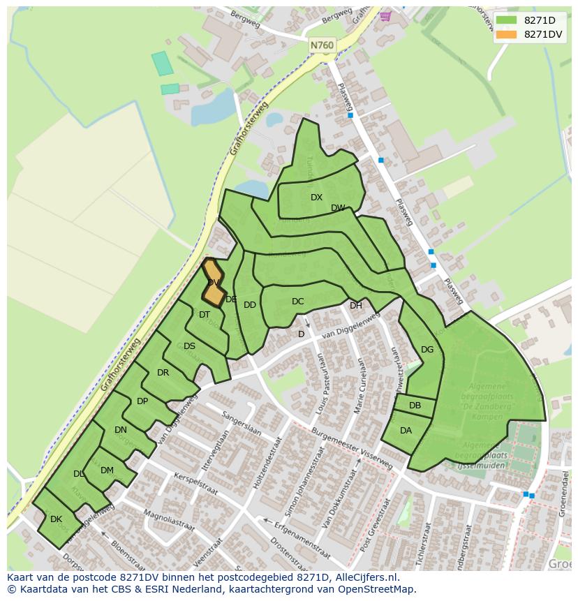 Afbeelding van het postcodegebied 8271 DV op de kaart.