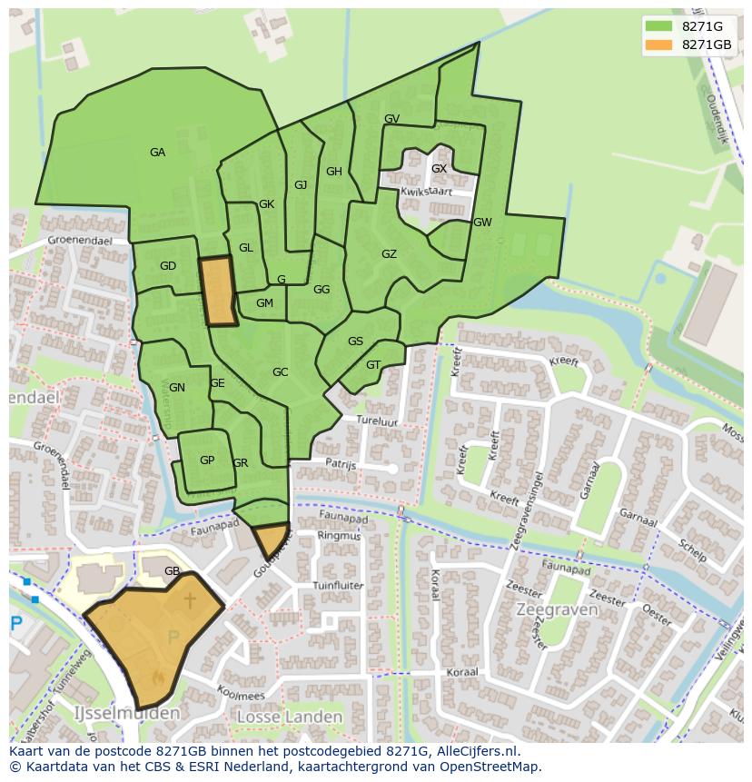 Afbeelding van het postcodegebied 8271 GB op de kaart.