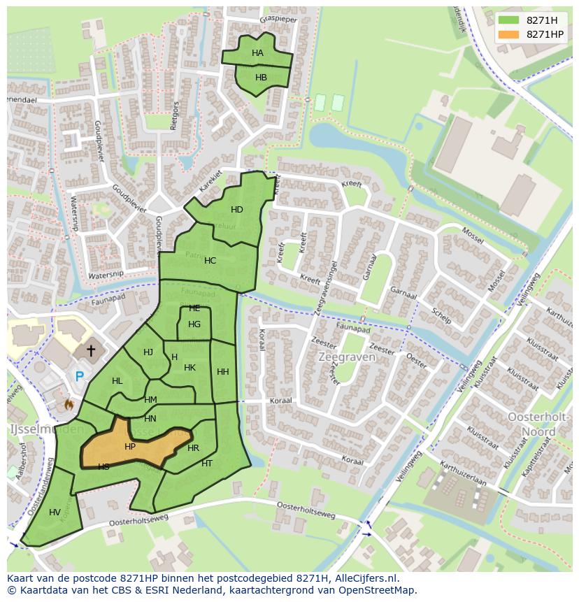 Afbeelding van het postcodegebied 8271 HP op de kaart.