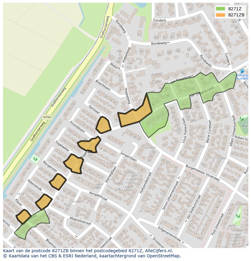 Afbeelding van het postcodegebied 8271 ZB op de kaart.