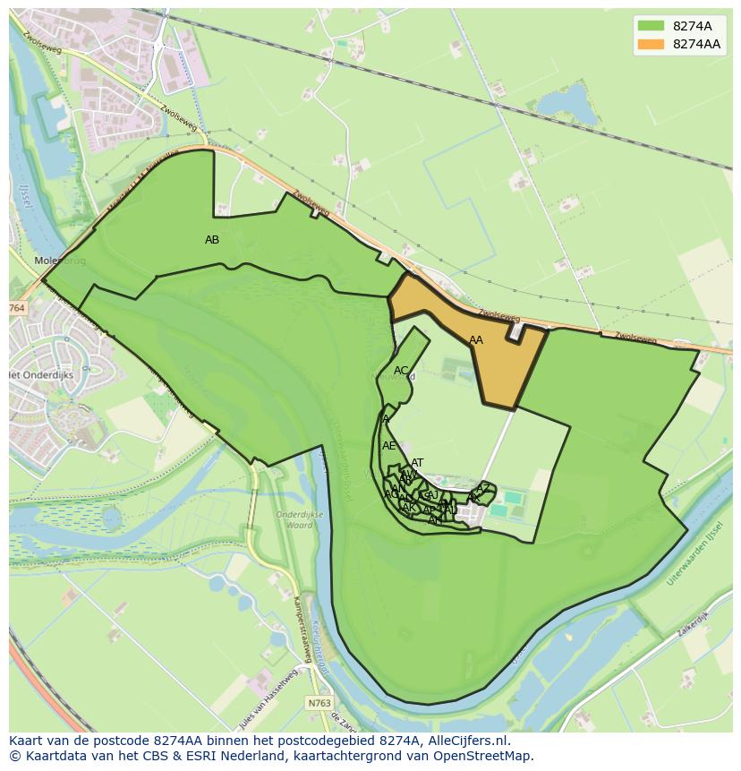Afbeelding van het postcodegebied 8274 AA op de kaart.