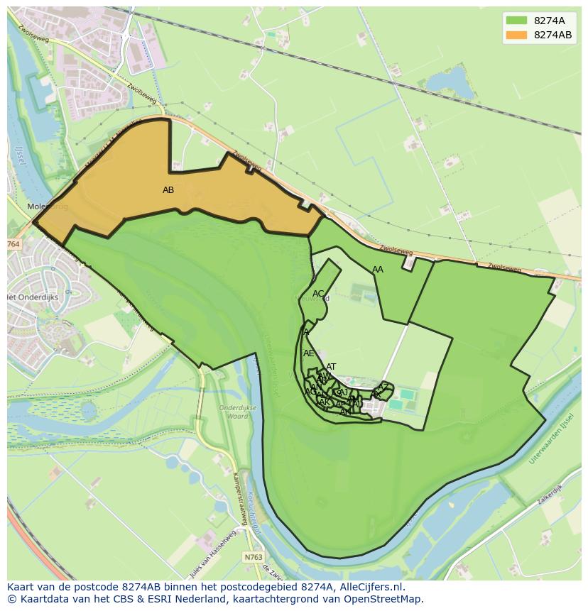 Afbeelding van het postcodegebied 8274 AB op de kaart.