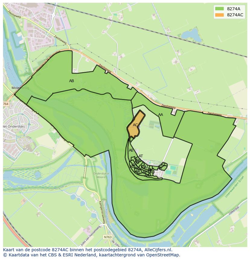 Afbeelding van het postcodegebied 8274 AC op de kaart.