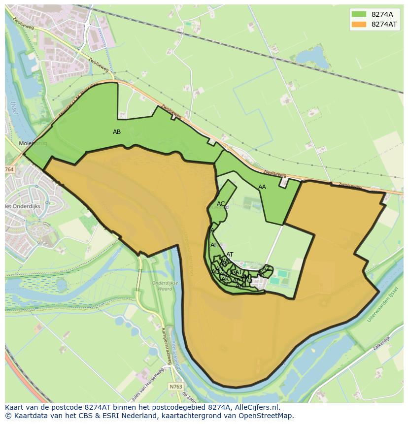 Afbeelding van het postcodegebied 8274 AT op de kaart.