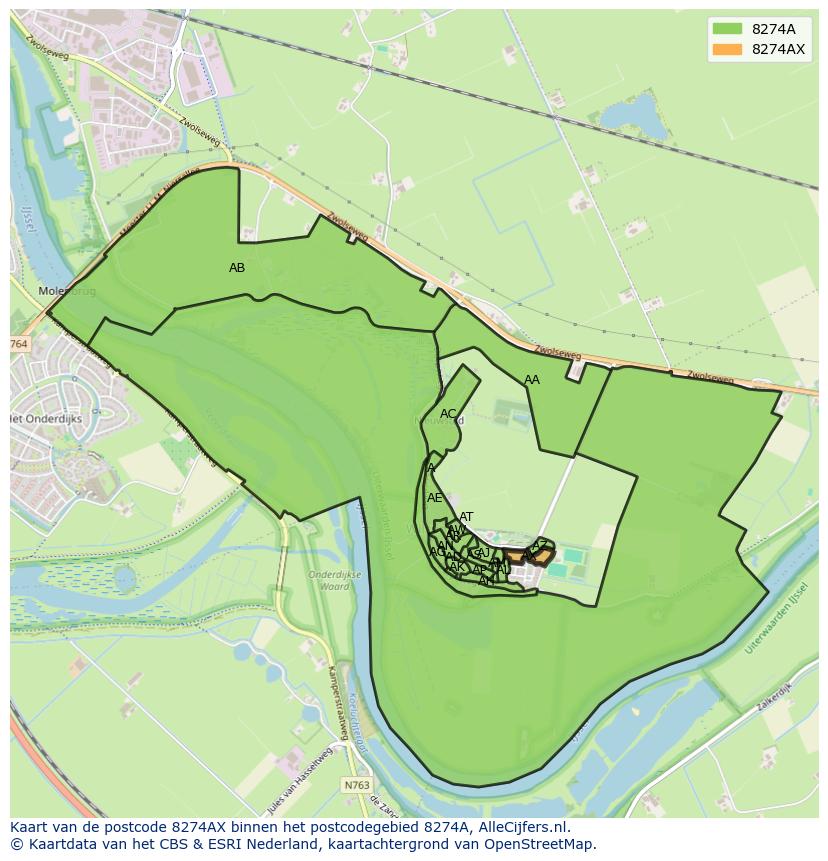 Afbeelding van het postcodegebied 8274 AX op de kaart.