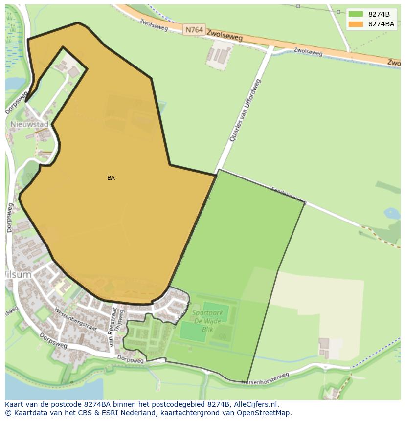 Afbeelding van het postcodegebied 8274 BA op de kaart.