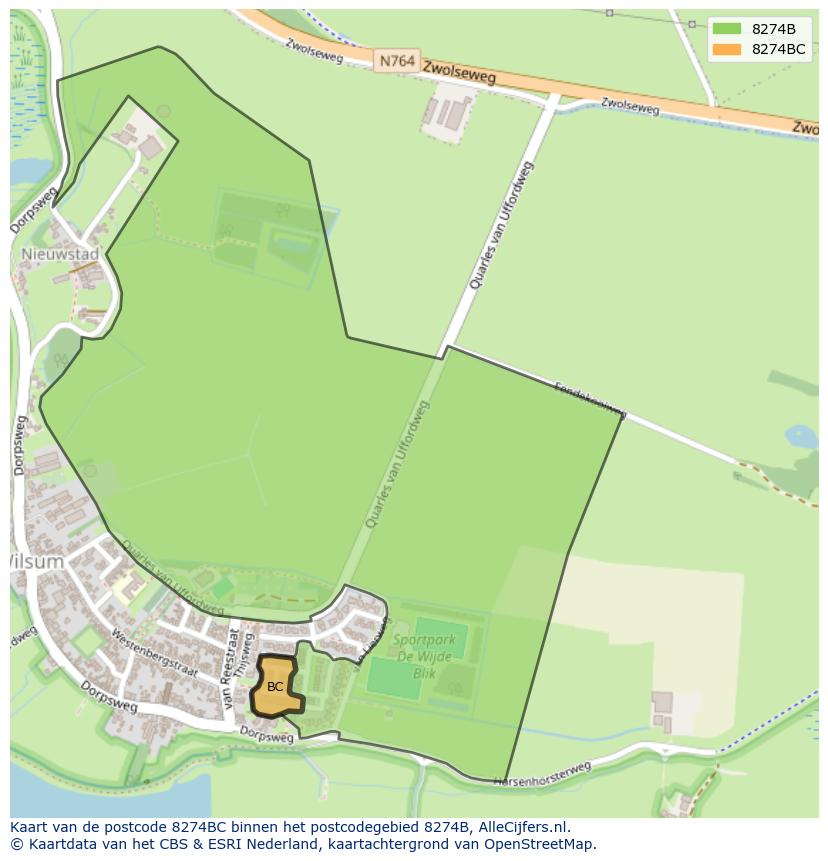 Afbeelding van het postcodegebied 8274 BC op de kaart.
