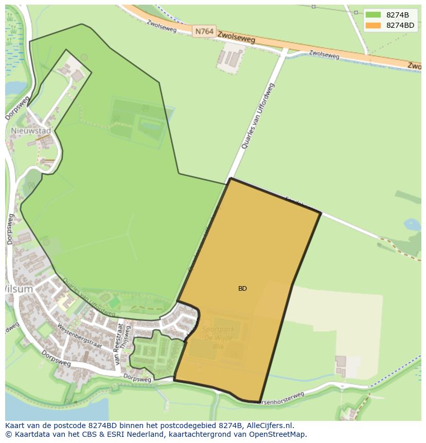 Afbeelding van het postcodegebied 8274 BD op de kaart.