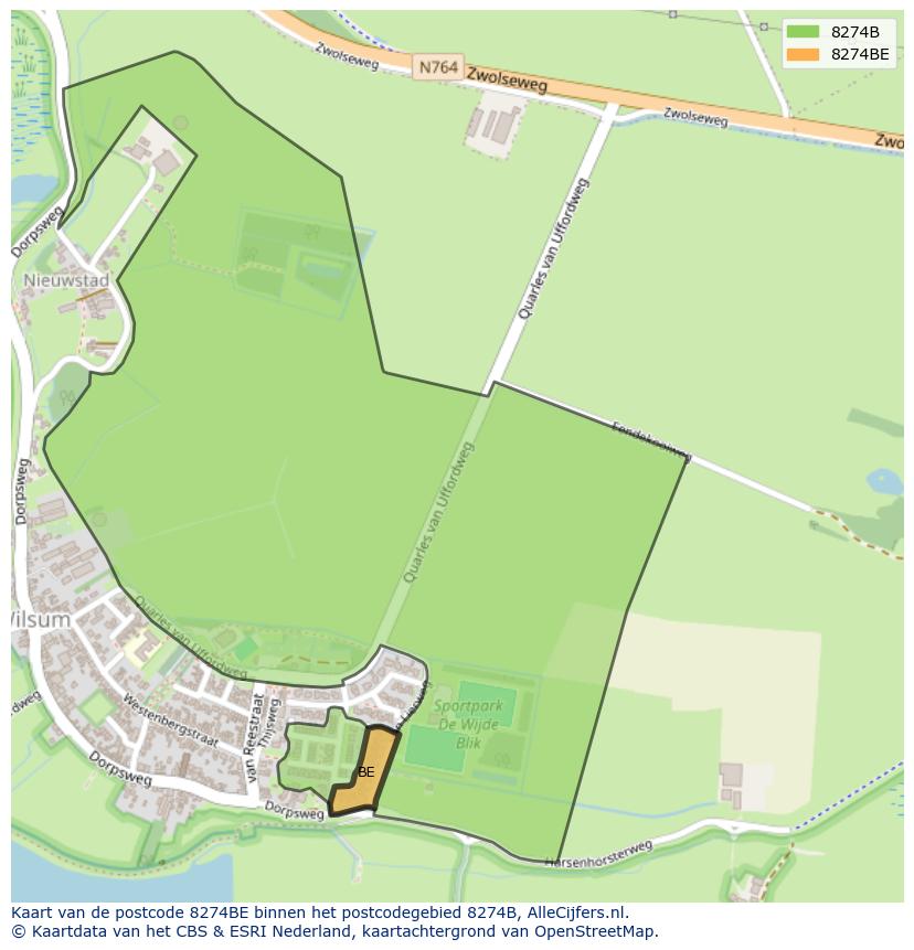 Afbeelding van het postcodegebied 8274 BE op de kaart.