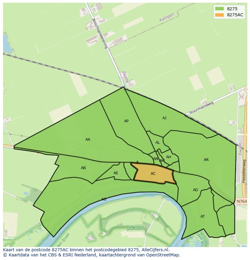 Afbeelding van het postcodegebied 8275 AC op de kaart.