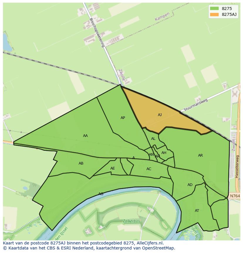 Afbeelding van het postcodegebied 8275 AJ op de kaart.