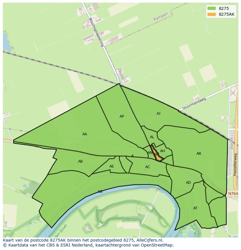 Afbeelding van het postcodegebied 8275 AK op de kaart.