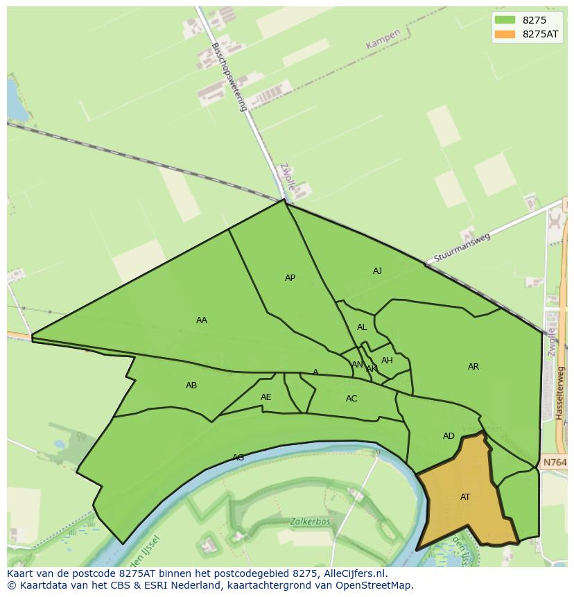Afbeelding van het postcodegebied 8275 AT op de kaart.