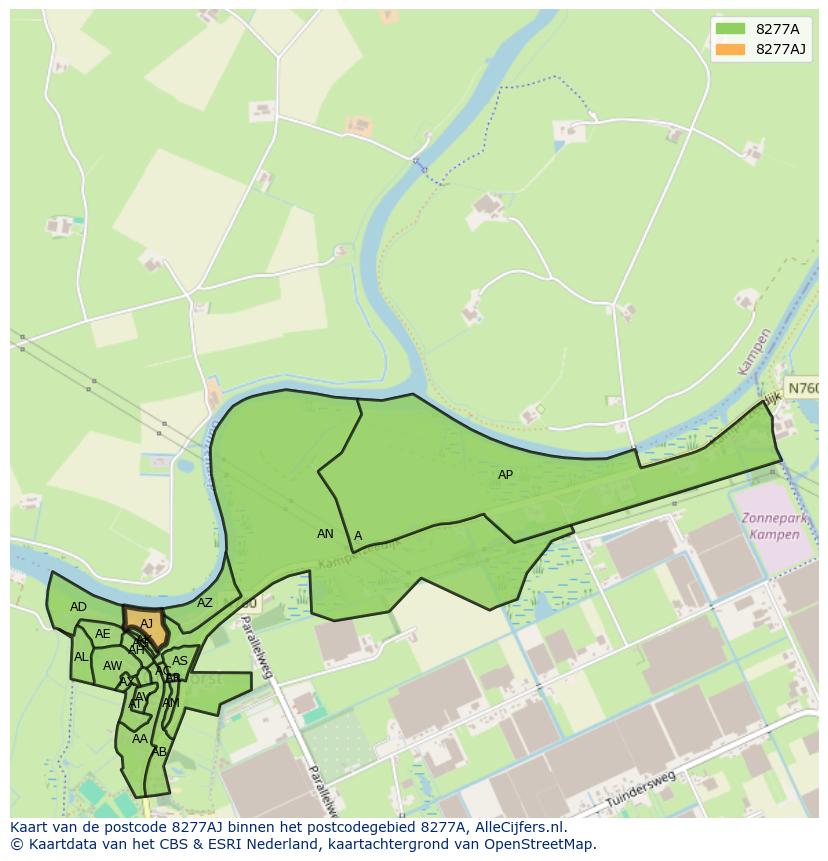 Afbeelding van het postcodegebied 8277 AJ op de kaart.