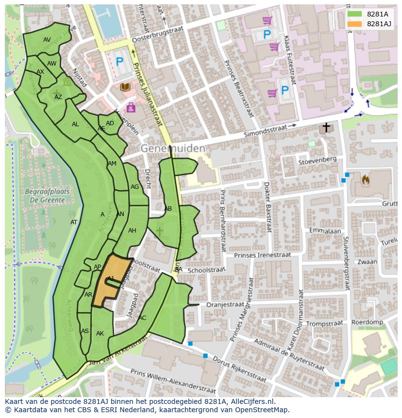 Afbeelding van het postcodegebied 8281 AJ op de kaart.