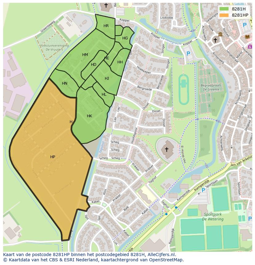 Afbeelding van het postcodegebied 8281 HP op de kaart.