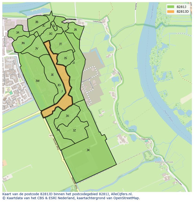 Afbeelding van het postcodegebied 8281 JD op de kaart.