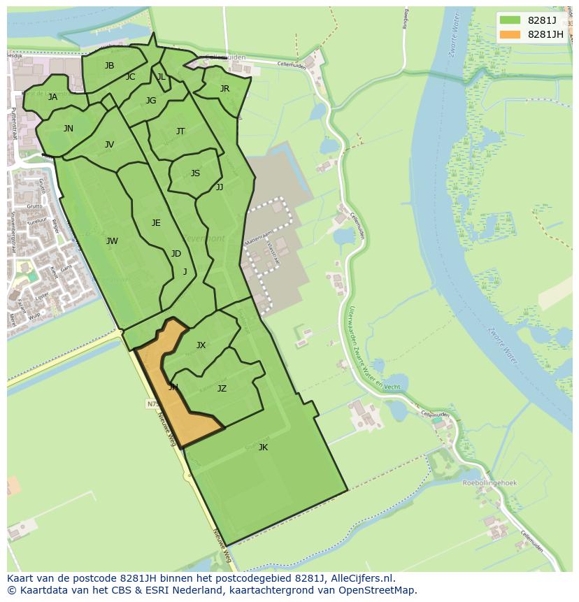 Afbeelding van het postcodegebied 8281 JH op de kaart.