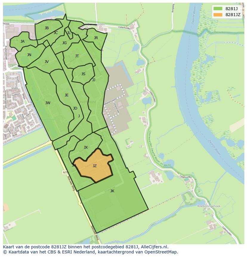 Afbeelding van het postcodegebied 8281 JZ op de kaart.