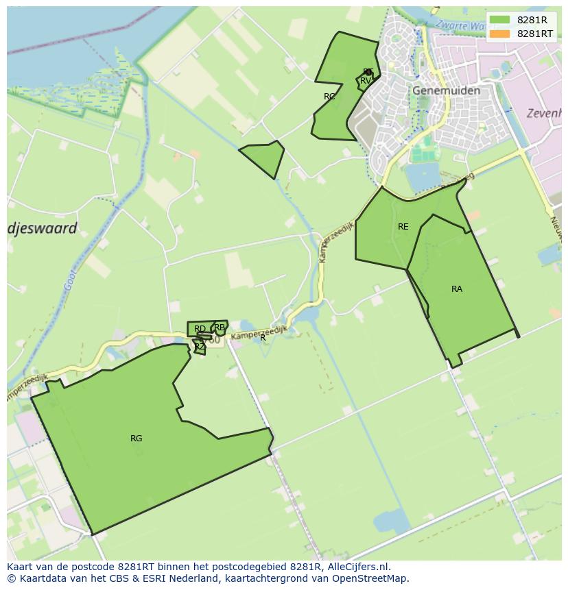 Afbeelding van het postcodegebied 8281 RT op de kaart.
