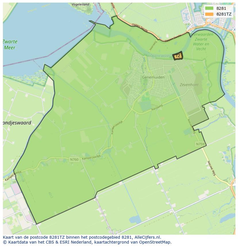 Afbeelding van het postcodegebied 8281 TZ op de kaart.