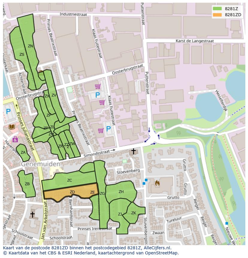 Afbeelding van het postcodegebied 8281 ZD op de kaart.