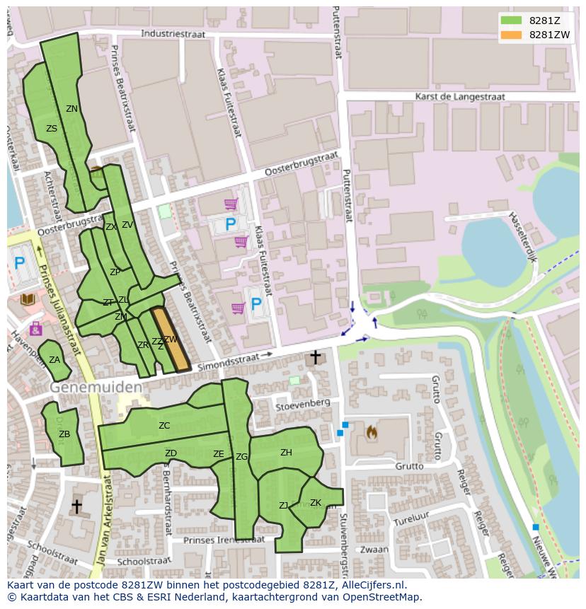Afbeelding van het postcodegebied 8281 ZW op de kaart.