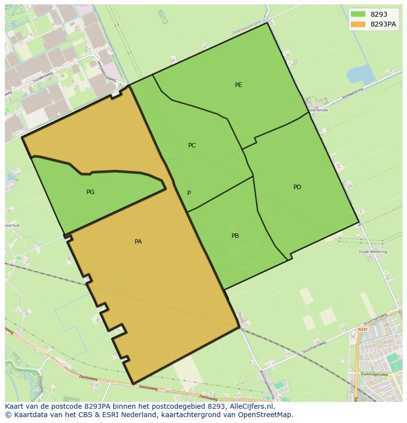Afbeelding van het postcodegebied 8293 PA op de kaart.
