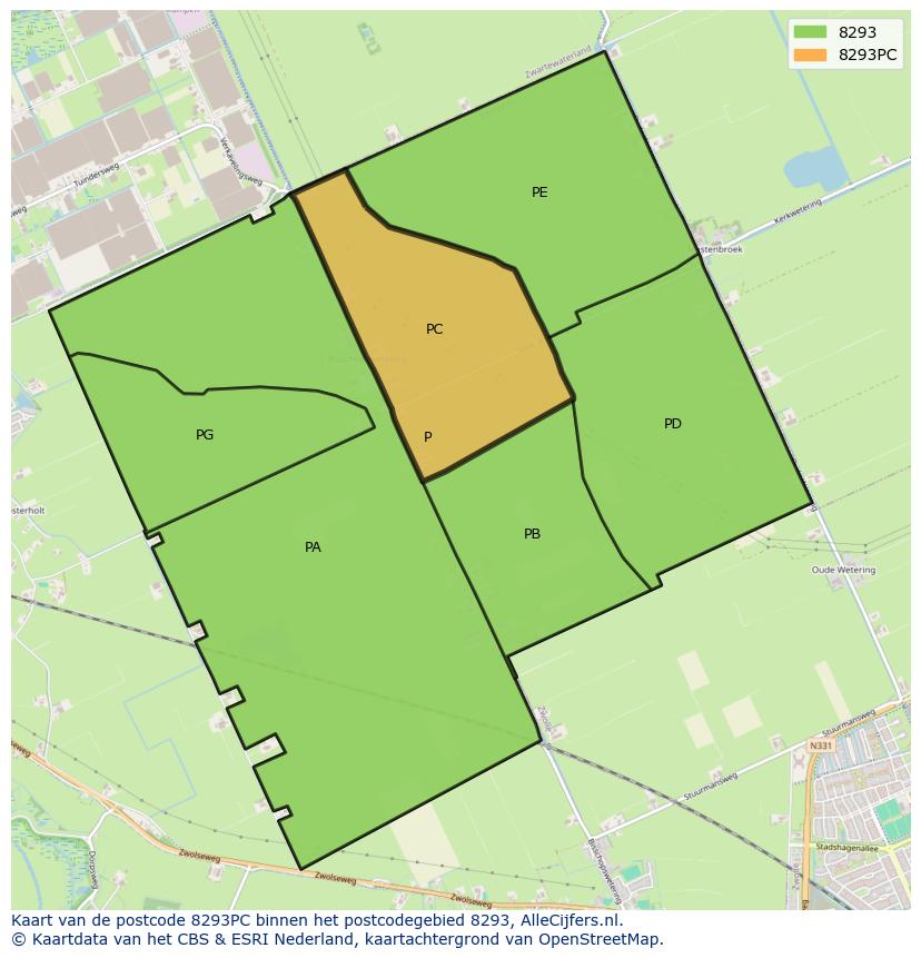 Afbeelding van het postcodegebied 8293 PC op de kaart.