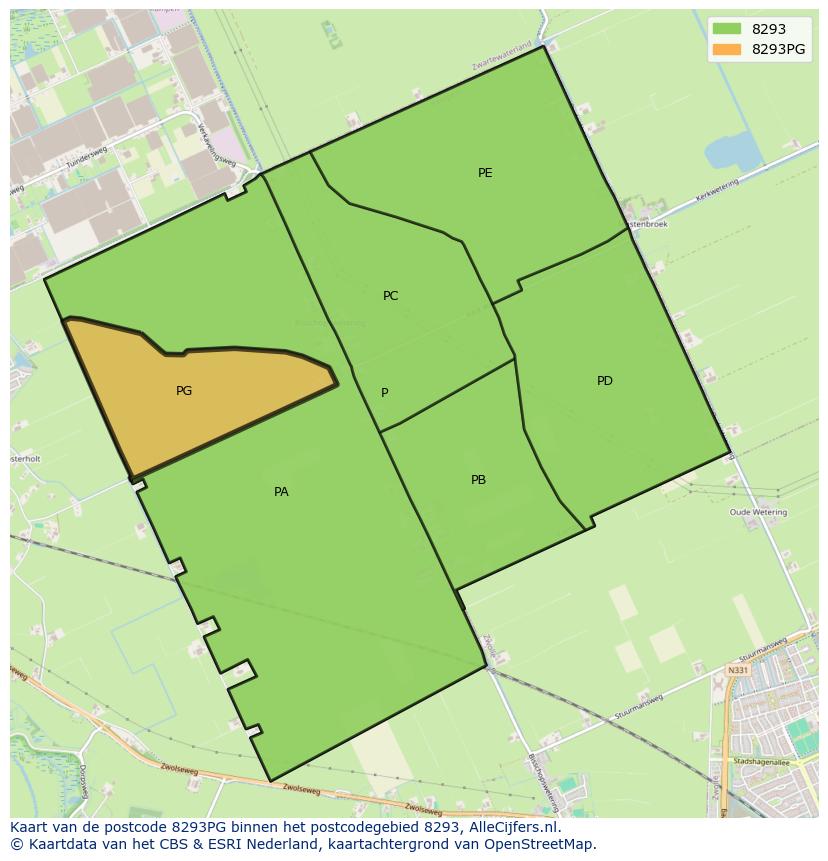 Afbeelding van het postcodegebied 8293 PG op de kaart.