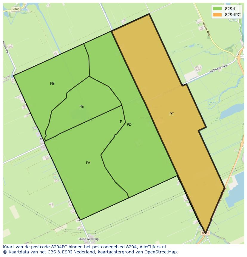 Afbeelding van het postcodegebied 8294 PC op de kaart.