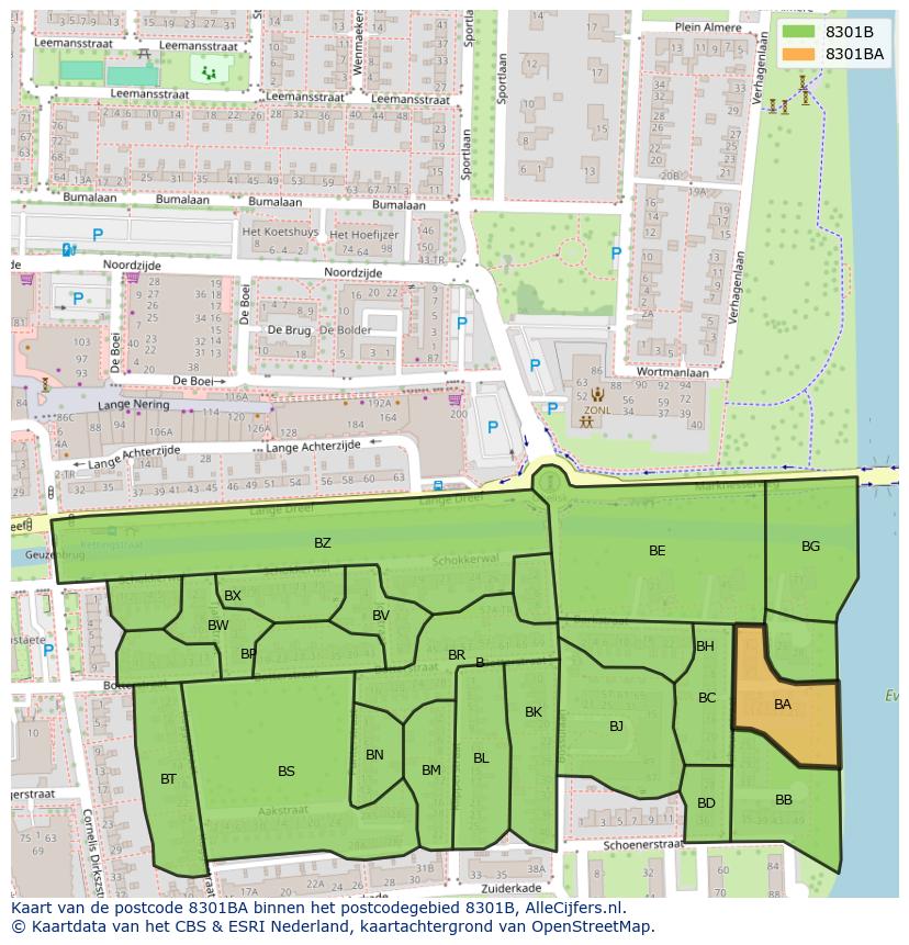 Afbeelding van het postcodegebied 8301 BA op de kaart.