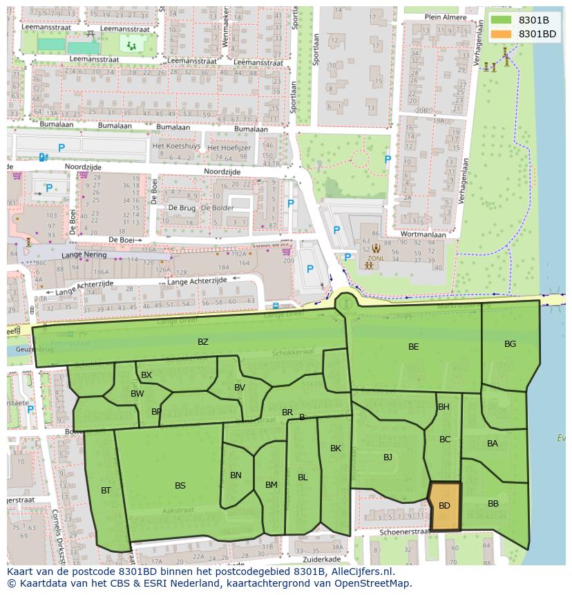 Afbeelding van het postcodegebied 8301 BD op de kaart.
