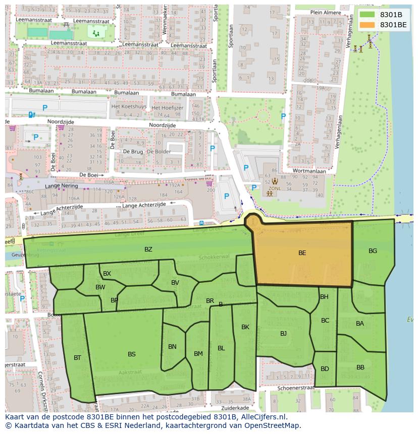 Afbeelding van het postcodegebied 8301 BE op de kaart.