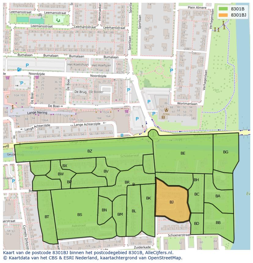 Afbeelding van het postcodegebied 8301 BJ op de kaart.