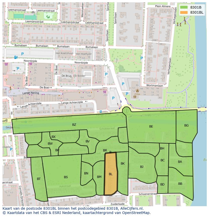 Afbeelding van het postcodegebied 8301 BL op de kaart.