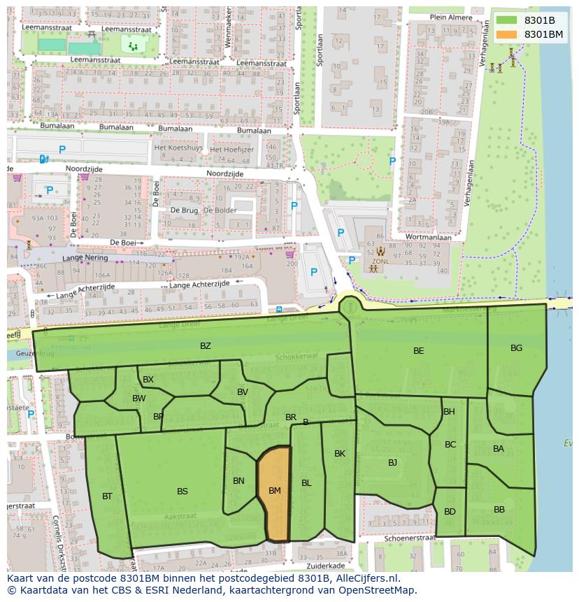 Afbeelding van het postcodegebied 8301 BM op de kaart.