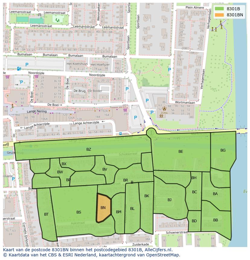 Afbeelding van het postcodegebied 8301 BN op de kaart.