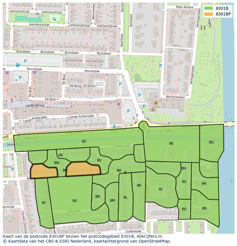 Afbeelding van het postcodegebied 8301 BP op de kaart.
