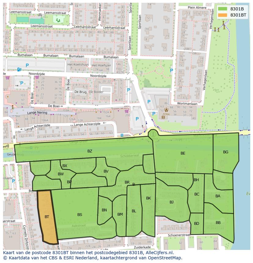 Afbeelding van het postcodegebied 8301 BT op de kaart.