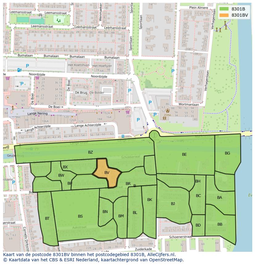 Afbeelding van het postcodegebied 8301 BV op de kaart.